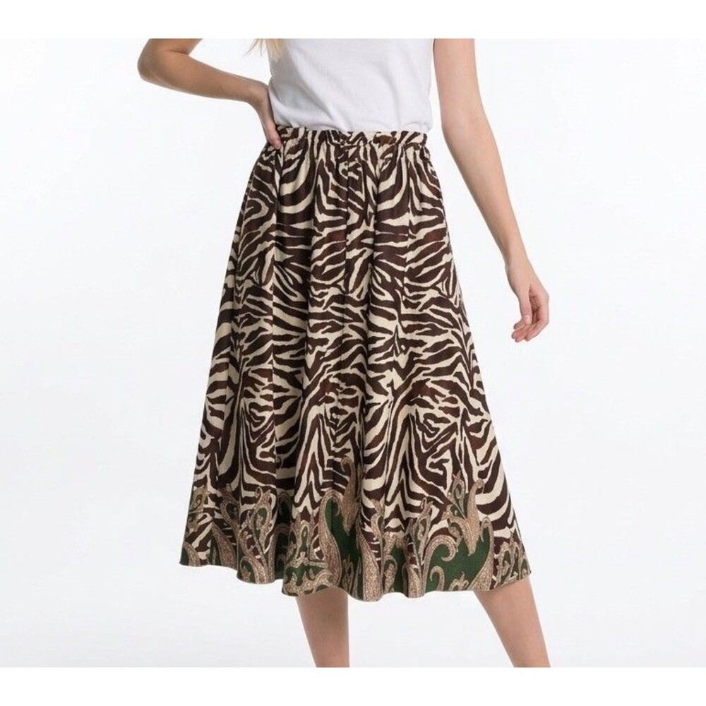 Madison Made in Italy Zebra Midi Skirt Brown Animal Print Elastic Waist S/M